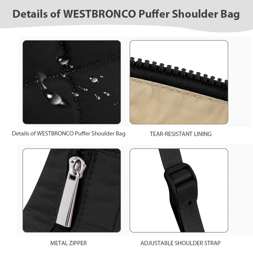 Puffer Crescent Bag for Women Quilted Shoulder Bag Nylon Adjustable Strap Shoulder Purse with Zipper for Work Travel