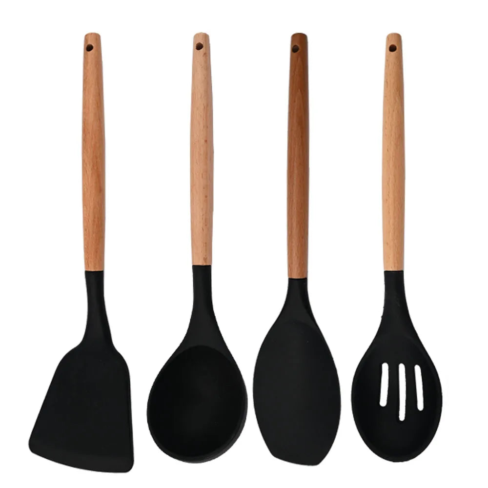 Silicone Kitchenware Cooking Utensils Set Non-stick Cookware Spatula Shovel Egg Beaters Wooden Handle Kitchen Cooking Tool Set