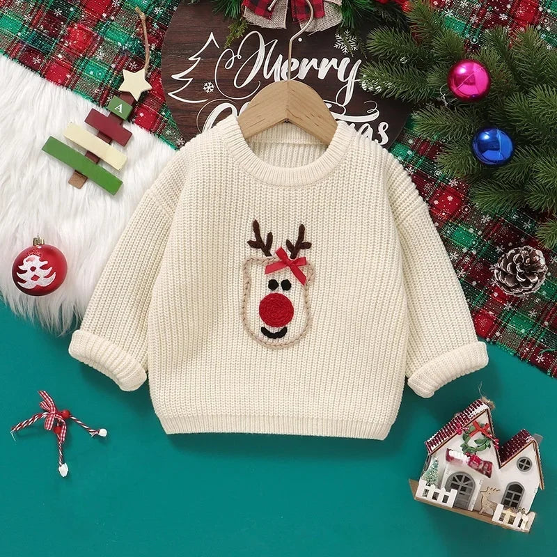 Child Sweater Christmas Reindeer Knit Sweater for Girls 0-5Y Baby Boy Clothes Reindeer Embroidered Pullover Festive Winter Wear