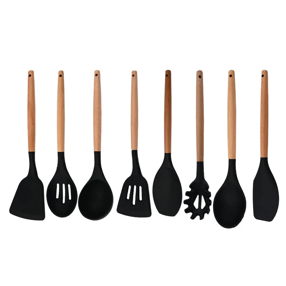 Silicone Kitchenware Cooking Utensils Set Non-stick Cookware Spatula Shovel Egg Beaters Wooden Handle Kitchen Cooking Tool Set