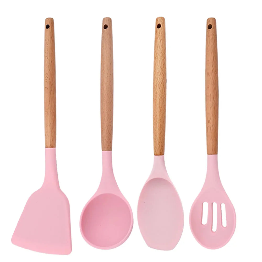 Silicone Kitchenware Cooking Utensils Set Non-stick Cookware Spatula Shovel Egg Beaters Wooden Handle Kitchen Cooking Tool Set