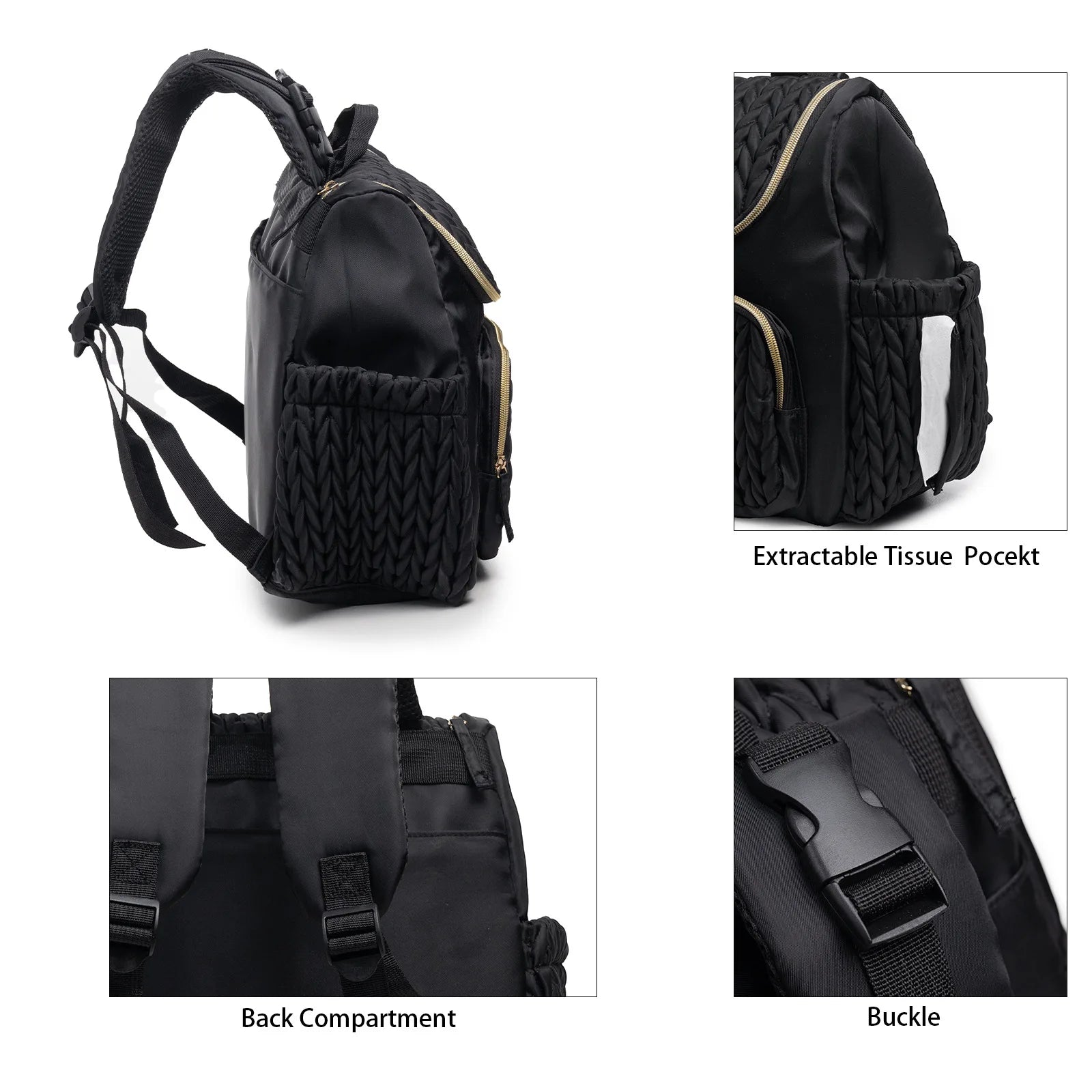 Black backpack with extractable tissue pocket, back compartment, and buckle details.