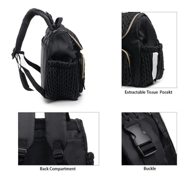 Black backpack with extractable tissue pocket, back compartment, and buckle details.