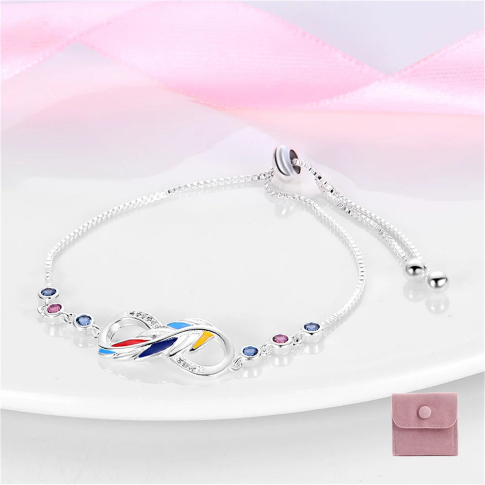 Women S925 Sterling Silver Colorful feather Bracelet Adjustable Bracelet Jewelry Anniversary and Birthday Gifts for Wife Girls
