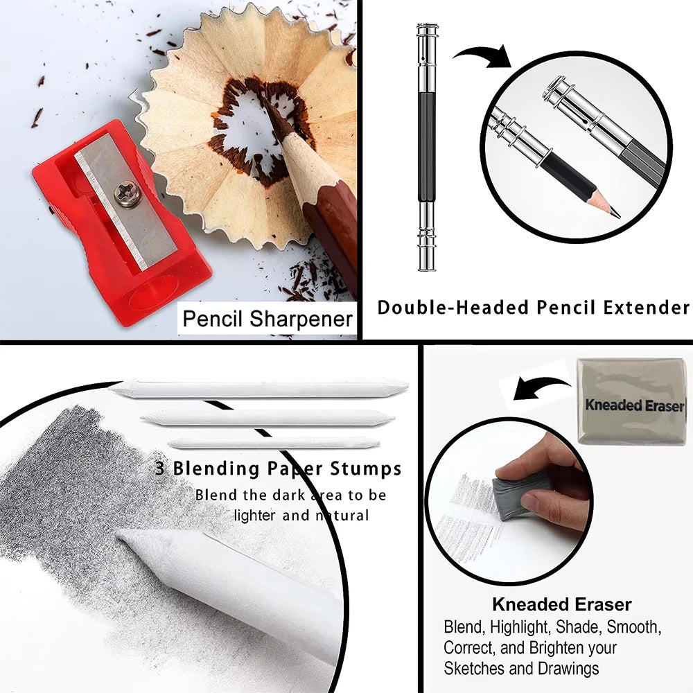 48Pcs Drawing Kit Sketching Pencils Set,Portable Pen Curtain-Charcoal Pencils, Sketch Pencils, Charcoal Stick,Sharpener,Eraser