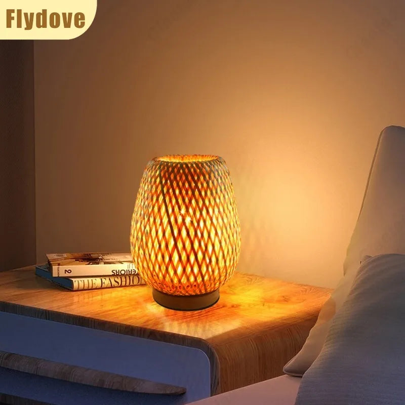 Ins Creative Retro LED Bamboo Weaving Table Lamp Restaurant Homestay Desk Decoration Atmosphere Projection Lighting Fixtures