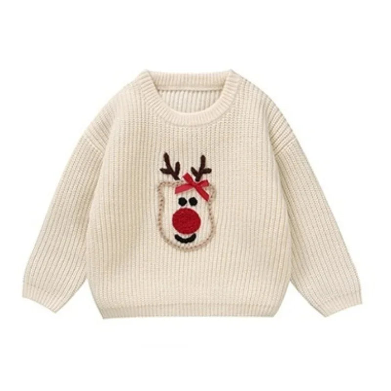 Child Sweater Christmas Reindeer Knit Sweater for Girls 0-5Y Baby Boy Clothes Reindeer Embroidered Pullover Festive Winter Wear