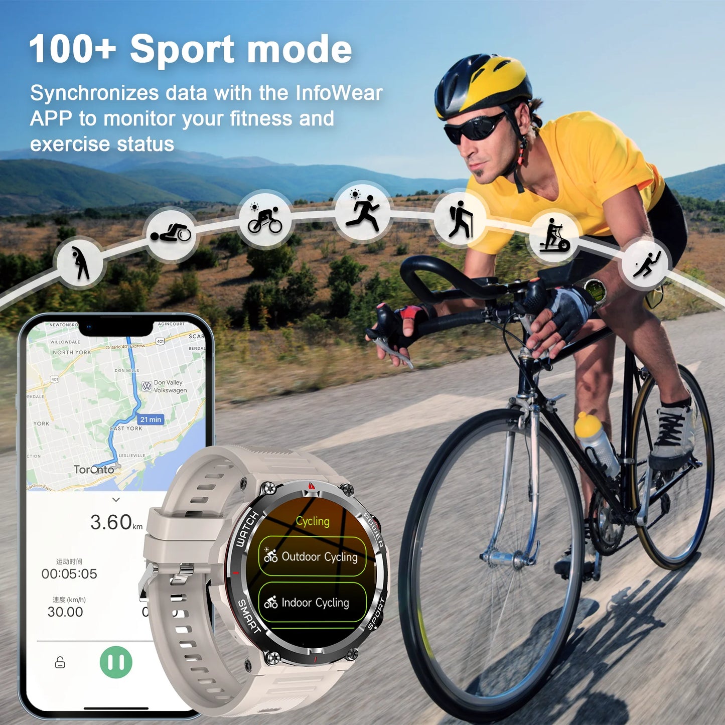 IOWODO Smartwatch for Men with Bluetooth Calling Outdoor Smartwatch Alloy Case 1.85-inch HD Full Touch Screen Fitness Watch