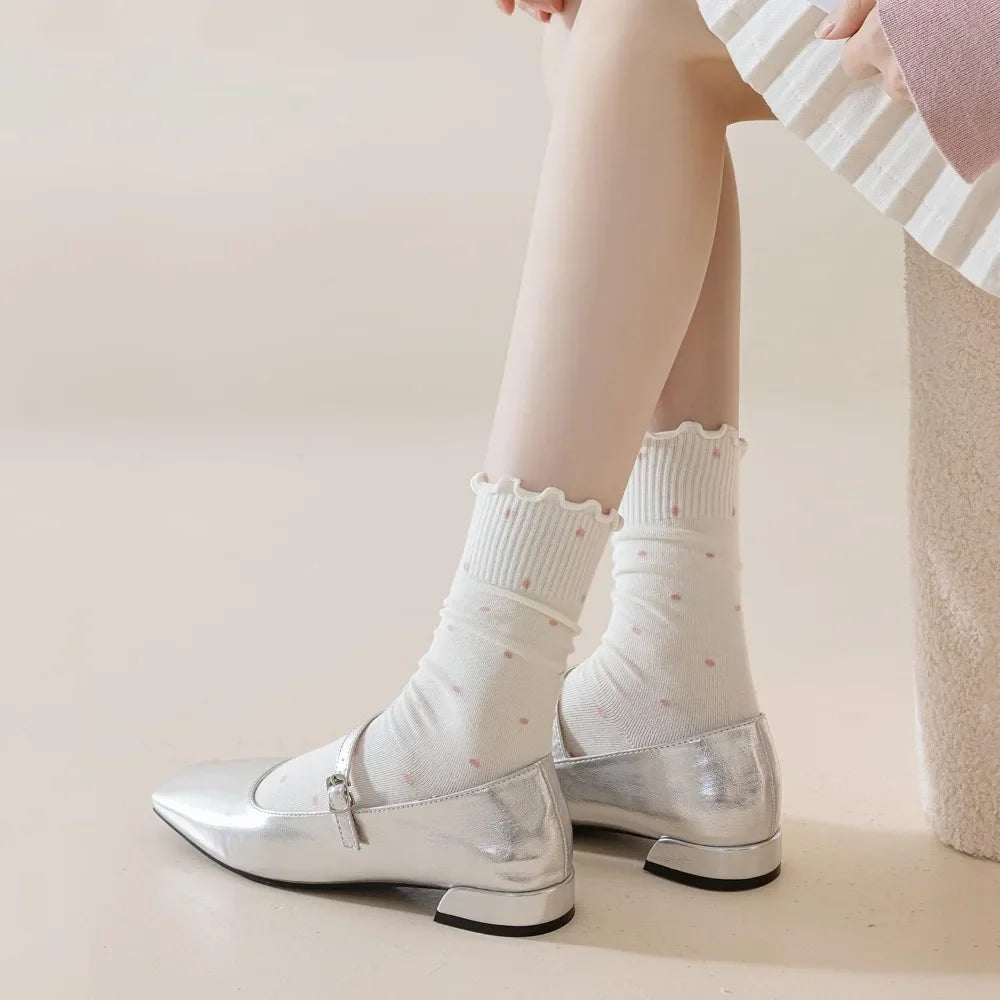 6 Pairs Women's Ruffle Socks,Casual Ankle Breathable Cool Knit Cotton Cute Polka Dot Dress Crew Socks