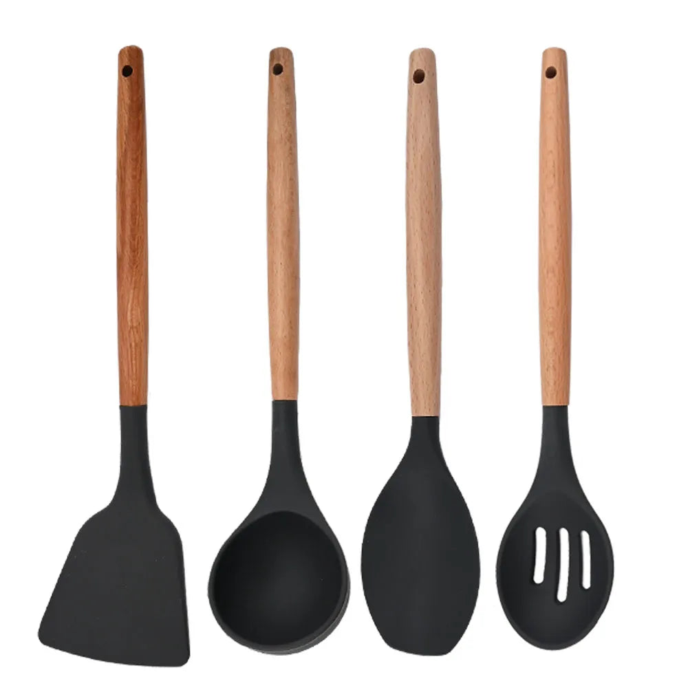 Silicone Kitchenware Cooking Utensils Set Non-stick Cookware Spatula Shovel Egg Beaters Wooden Handle Kitchen Cooking Tool Set