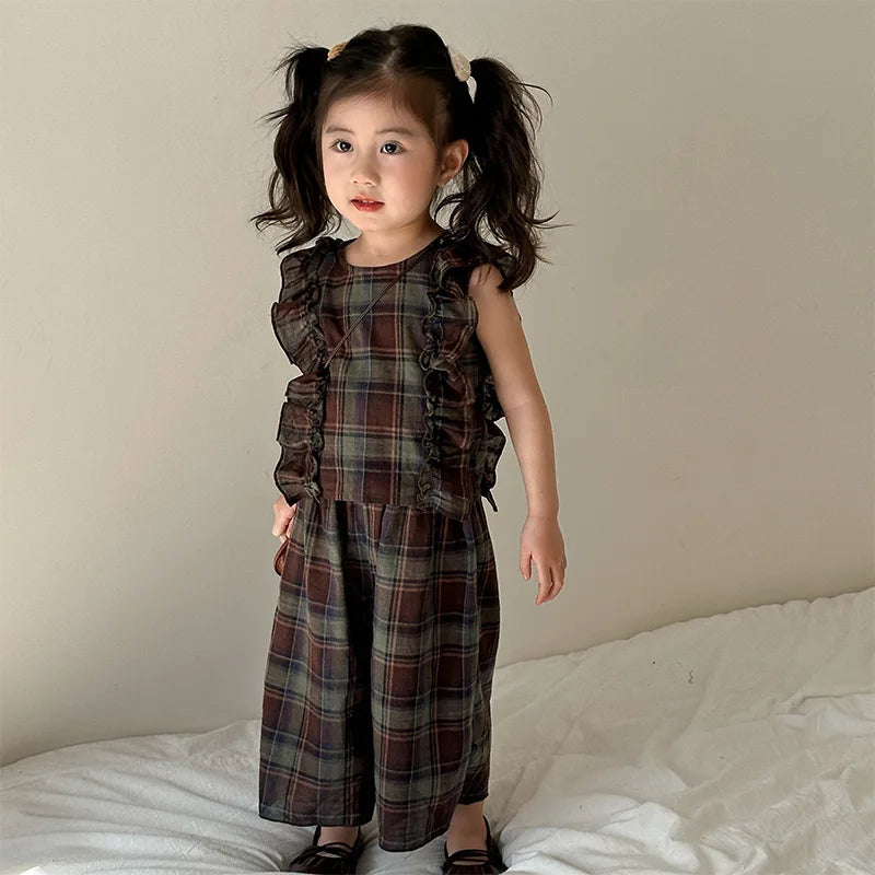 Family Outfits Summer Boys O-neck Vest and Plaid Shorts Girls Ruffle Tops+Loose Wide Leg Pants Brother and Sisters Clothing