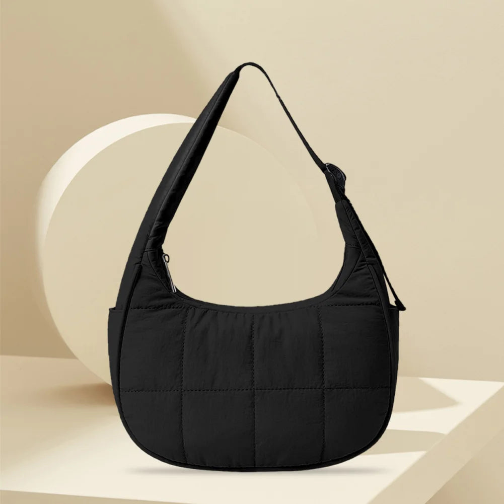 Puffer Crescent Bag for Women Quilted Shoulder Bag Nylon Adjustable Strap Shoulder Purse with Zipper for Work Travel