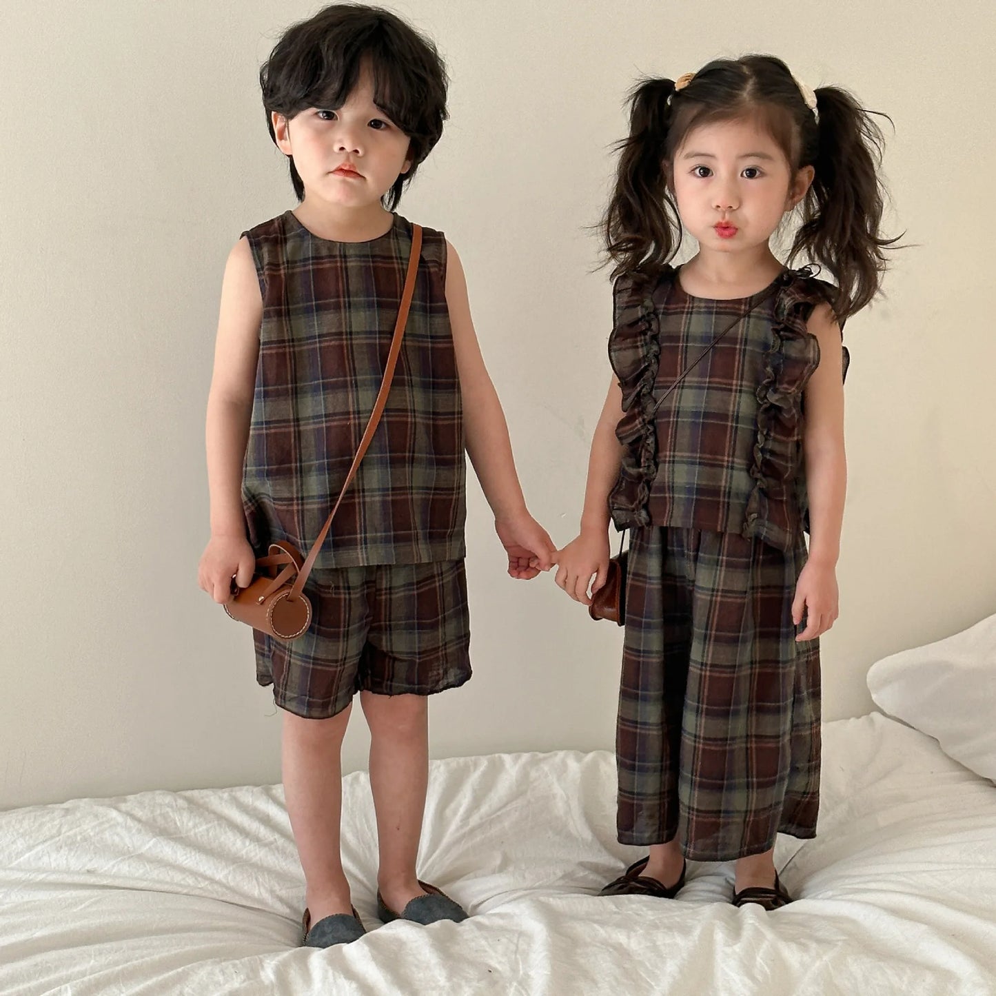 Family Outfits Summer Boys O-neck Vest and Plaid Shorts Girls Ruffle Tops+Loose Wide Leg Pants Brother and Sisters Clothing