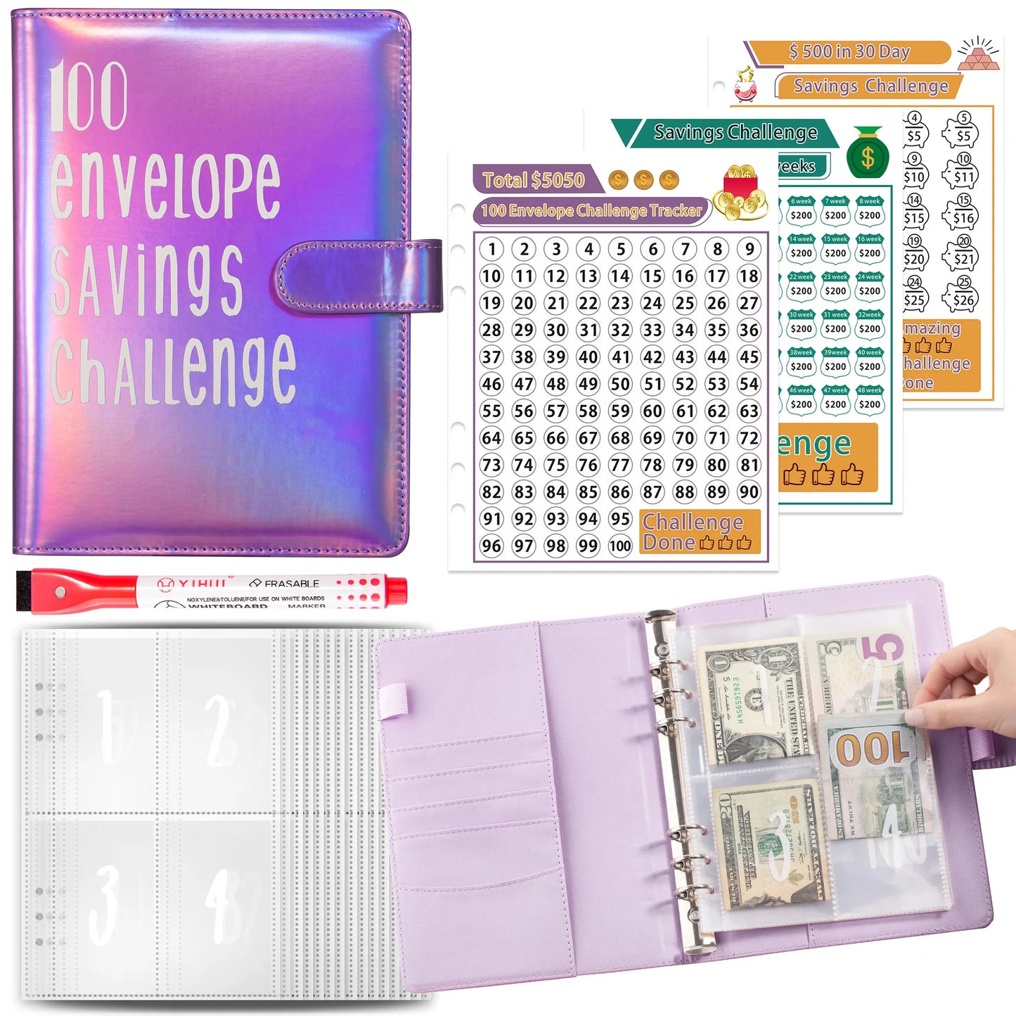 100 Envelope Challenge Binder Easy and Fun Way to Save Savings Challenges Binder Budget Binder with Cash Envelopes