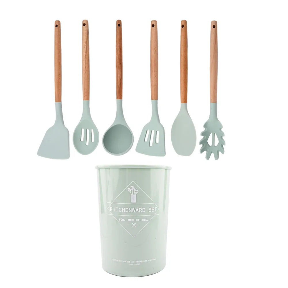 Silicone Kitchenware Cooking Utensils Set Non-stick Cookware Spatula Shovel Egg Beaters Wooden Handle Kitchen Cooking Tool Set