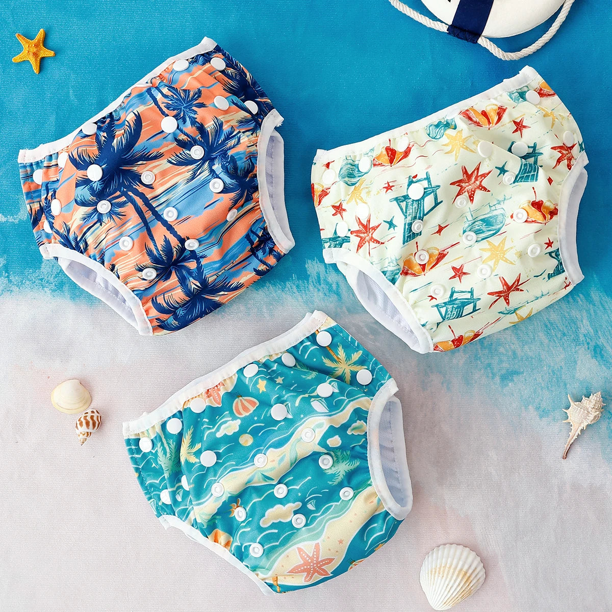 HappyFlute 3pcs Tropical Vacation Summer Print Reusable Adjustable Cloth Diapers Swimming Pool Pant Washable Nappy Cover