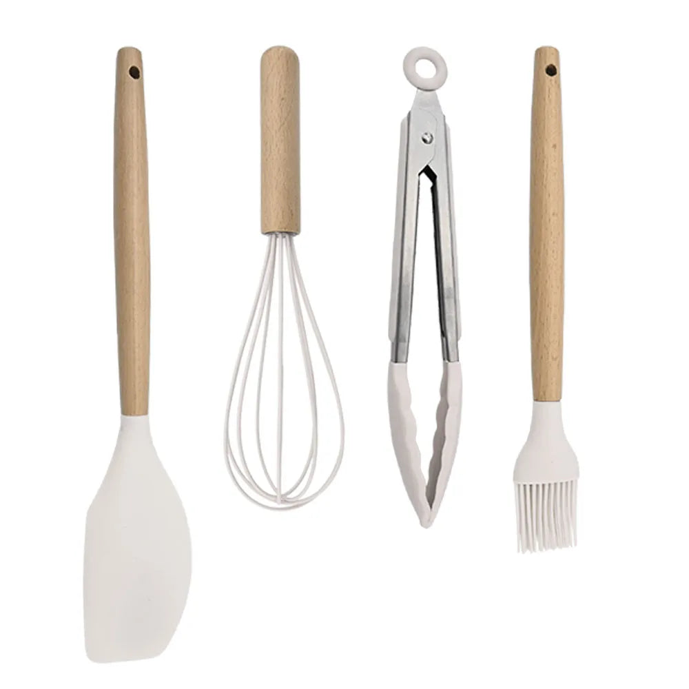 Silicone Kitchenware Cooking Utensils Set Non-stick Cookware Spatula Shovel Egg Beaters Wooden Handle Kitchen Cooking Tool Set