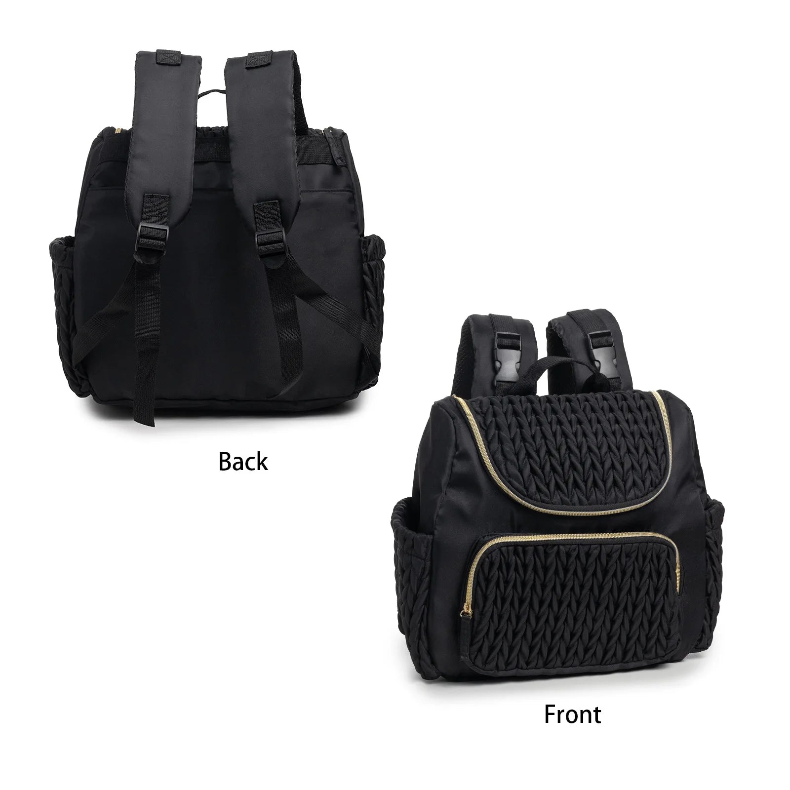 Black backpack shown from the back and front on a white background