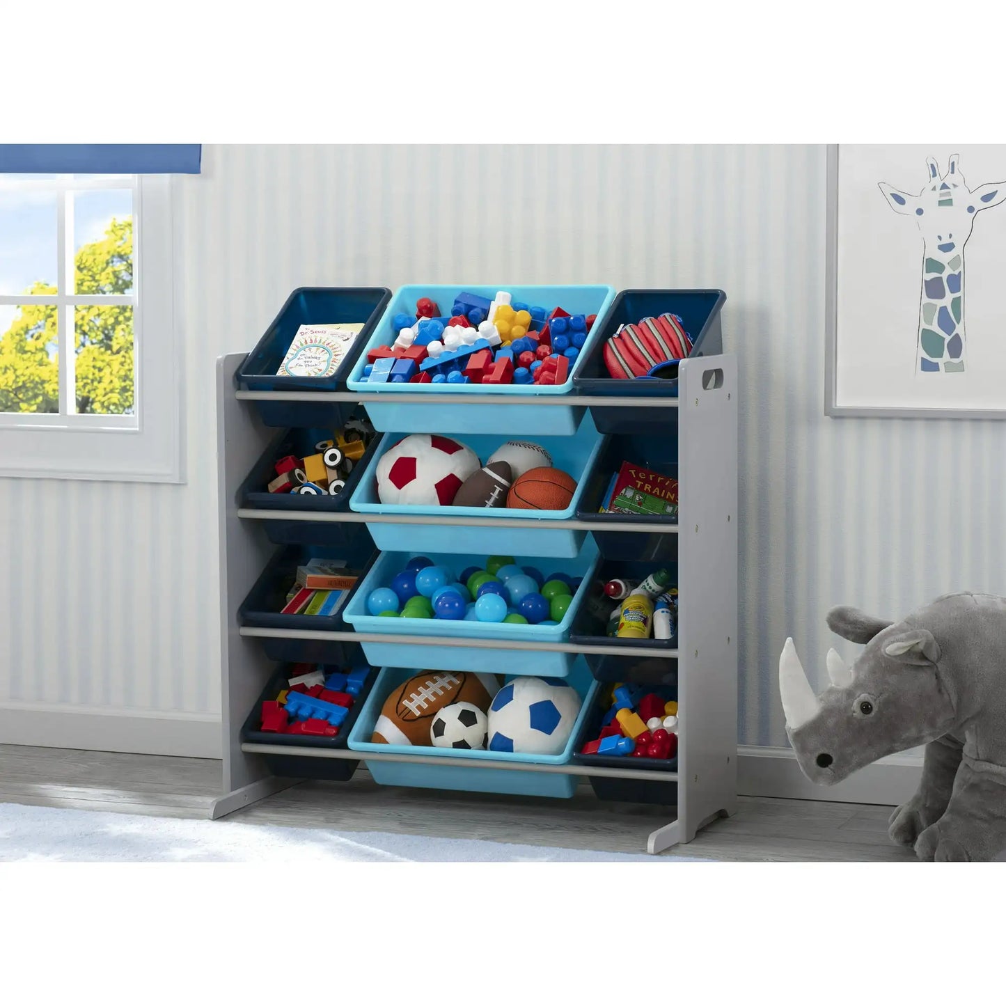 Delta Children Kids Toy Storage Organizer with 12 Plastic Bins, Greenguard Gold Certified, Grey/Blue