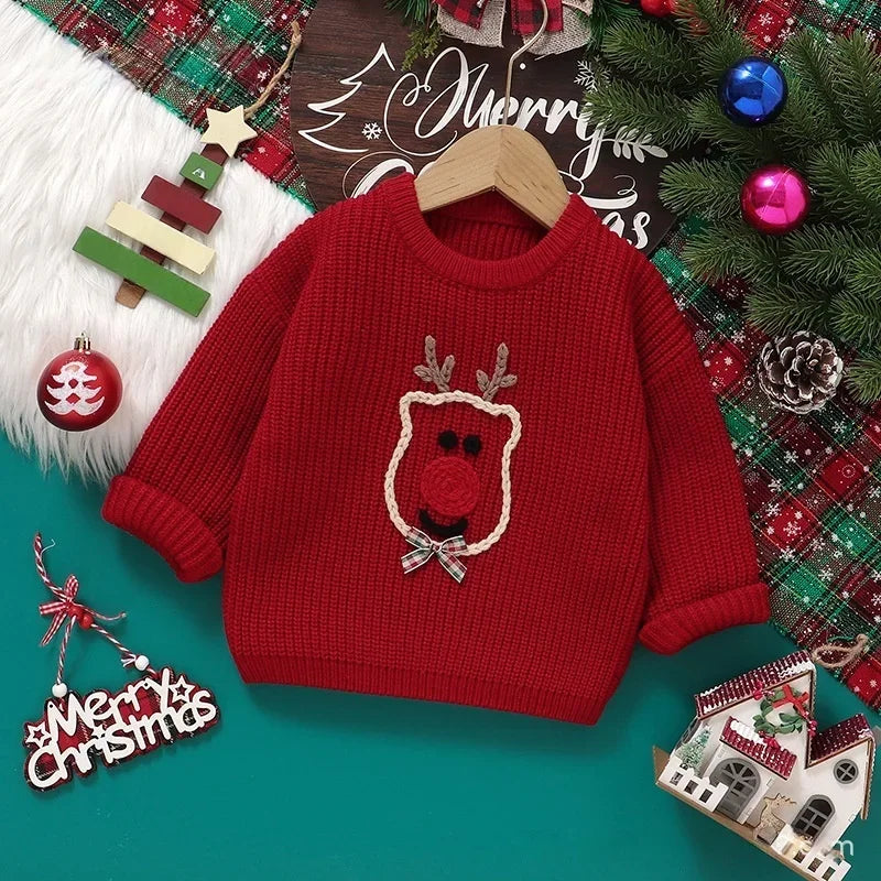 Child Sweater Christmas Reindeer Knit Sweater for Girls 0-5Y Baby Boy Clothes Reindeer Embroidered Pullover Festive Winter Wear