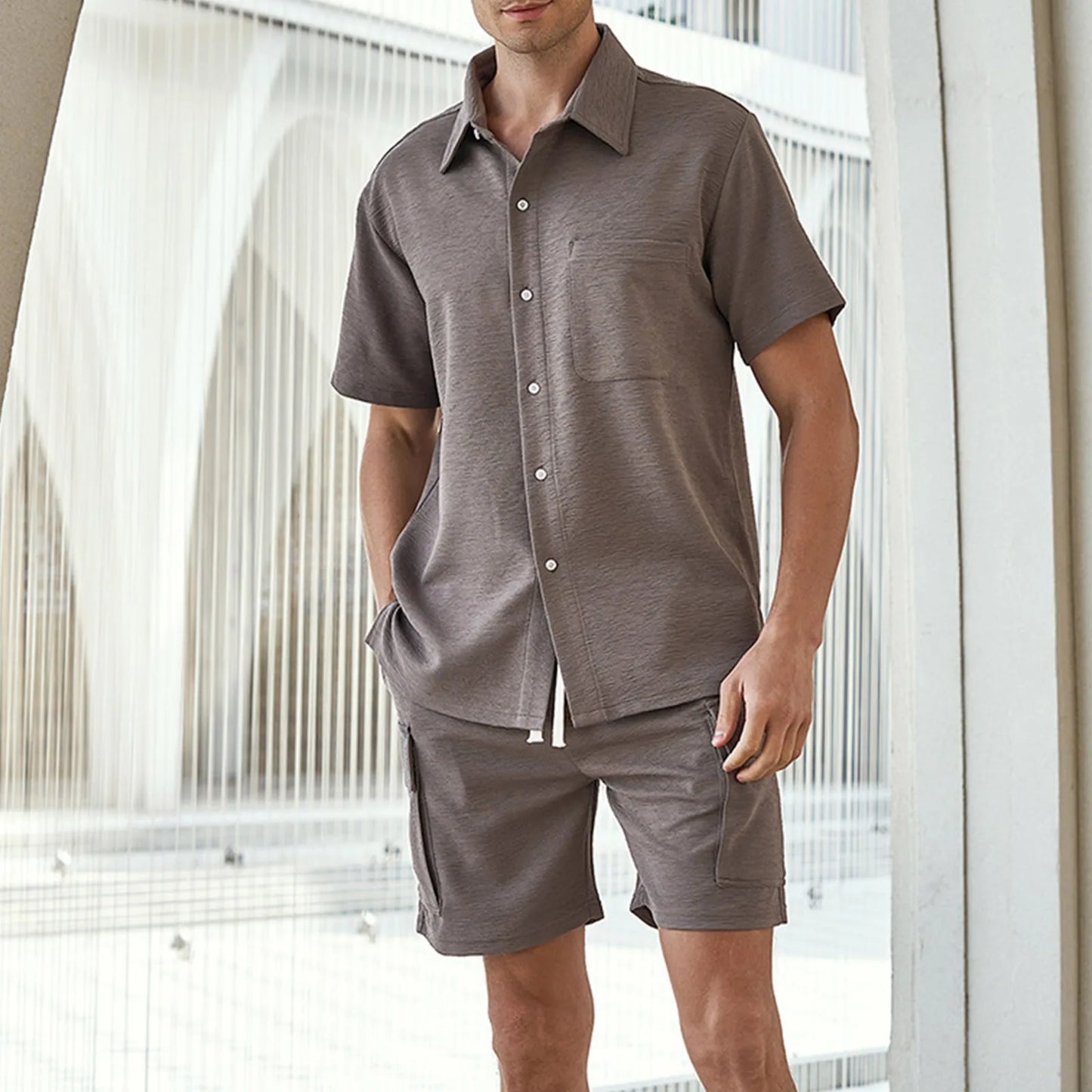 Button Down Shirts Beach Outfits Mens' Two Piece Set Short Sleeve Casual Cardigan And Shorts Two-Piece Suit Male Summer Clothes