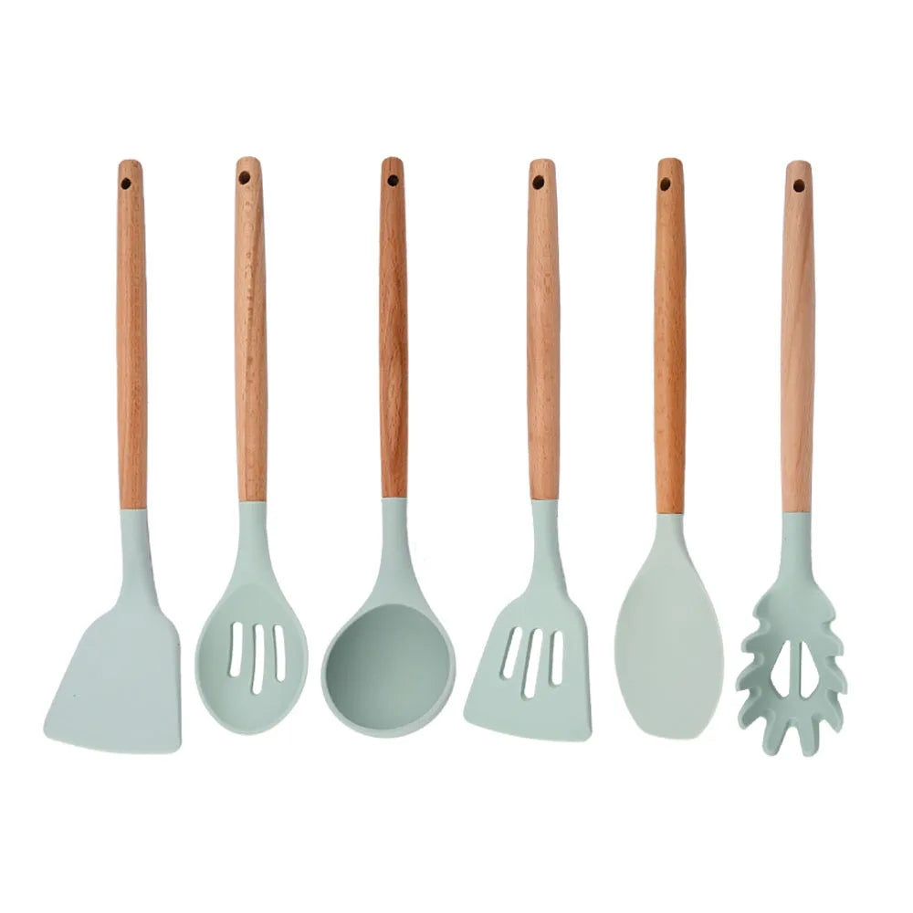 Silicone Kitchenware Cooking Utensils Set Non-stick Cookware Spatula Shovel Egg Beaters Wooden Handle Kitchen Cooking Tool Set