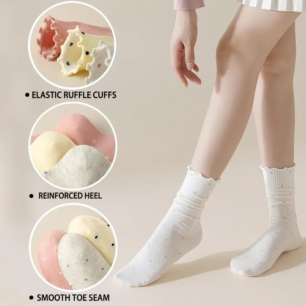 6 Pairs Women's Ruffle Socks,Casual Ankle Breathable Cool Knit Cotton Cute Polka Dot Dress Crew Socks