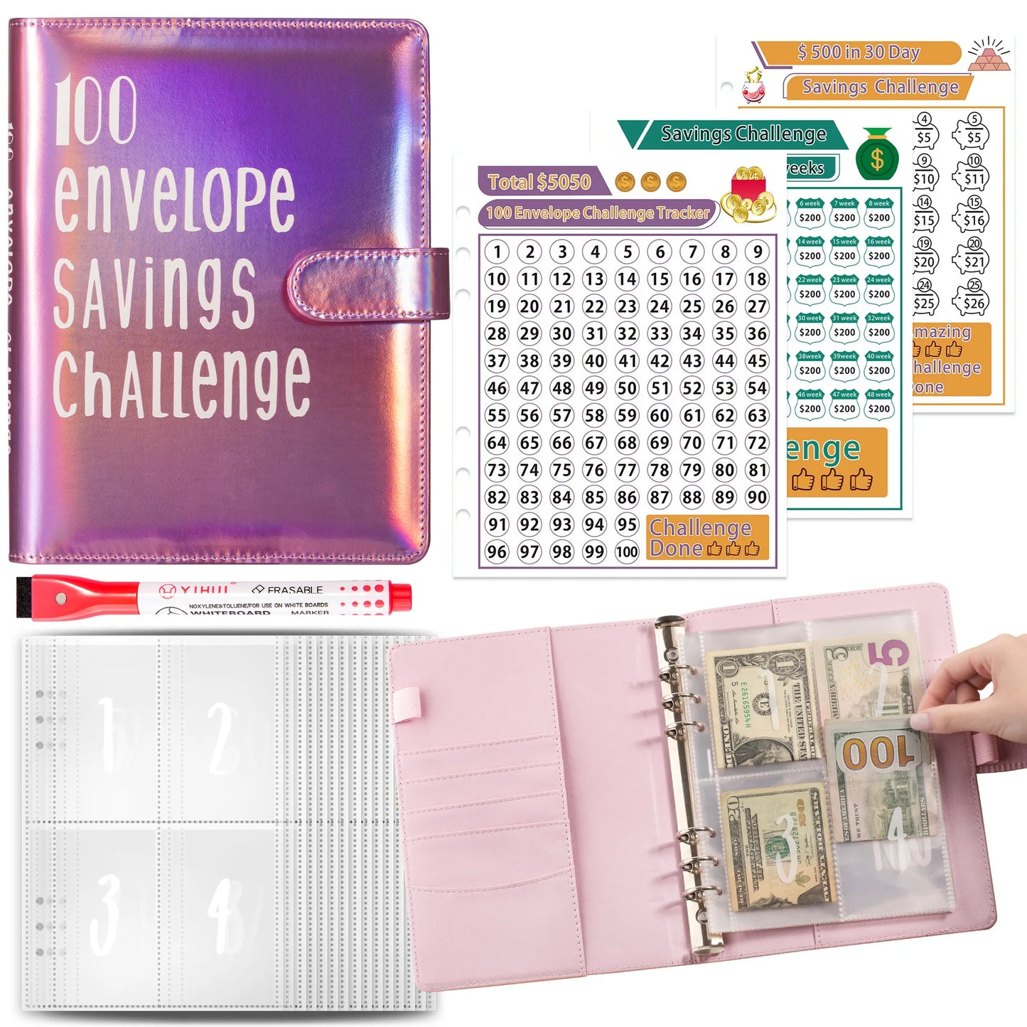 100 Envelope Challenge Binder Easy and Fun Way to Save Savings Challenges Binder Budget Binder with Cash Envelopes