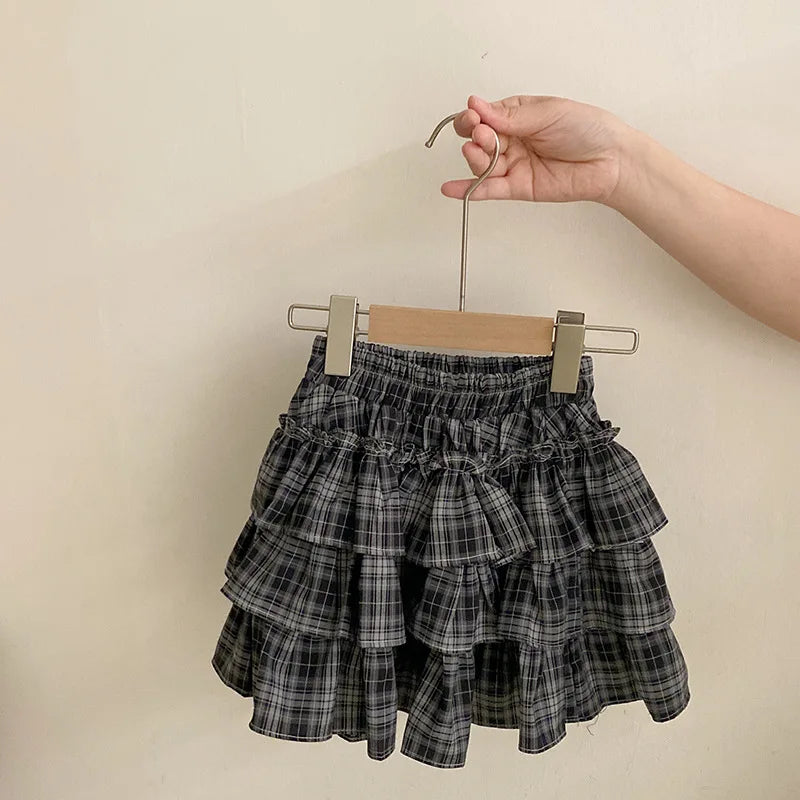 Girls' Summer Clothing New Korean Bow Cartoon Short Sleeved 2025 Lace Checkered Versatile Cake Skirt Two-piece Set
