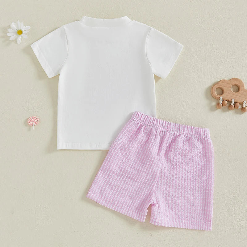 Infant Summer Outfit Set with Short Sleeve Tee and Plaid Shorts Cute Toddler 2 Piece Clothing Ensemble for Boys and Girls