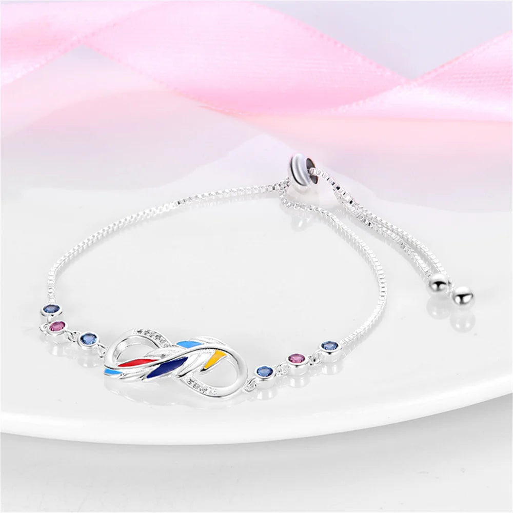 Women S925 Sterling Silver Colorful feather Bracelet Adjustable Bracelet Jewelry Anniversary and Birthday Gifts for Wife Girls