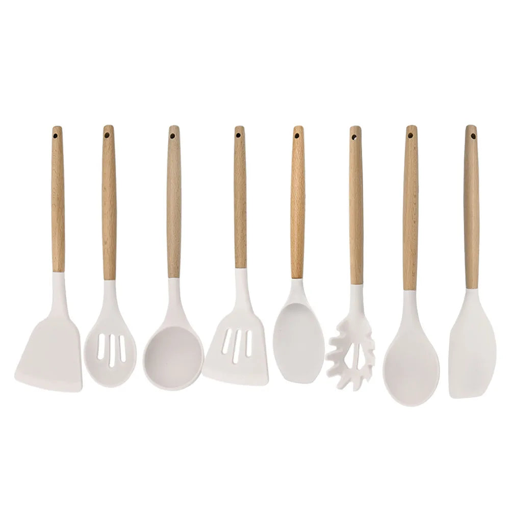 Silicone Kitchenware Cooking Utensils Set Non-stick Cookware Spatula Shovel Egg Beaters Wooden Handle Kitchen Cooking Tool Set