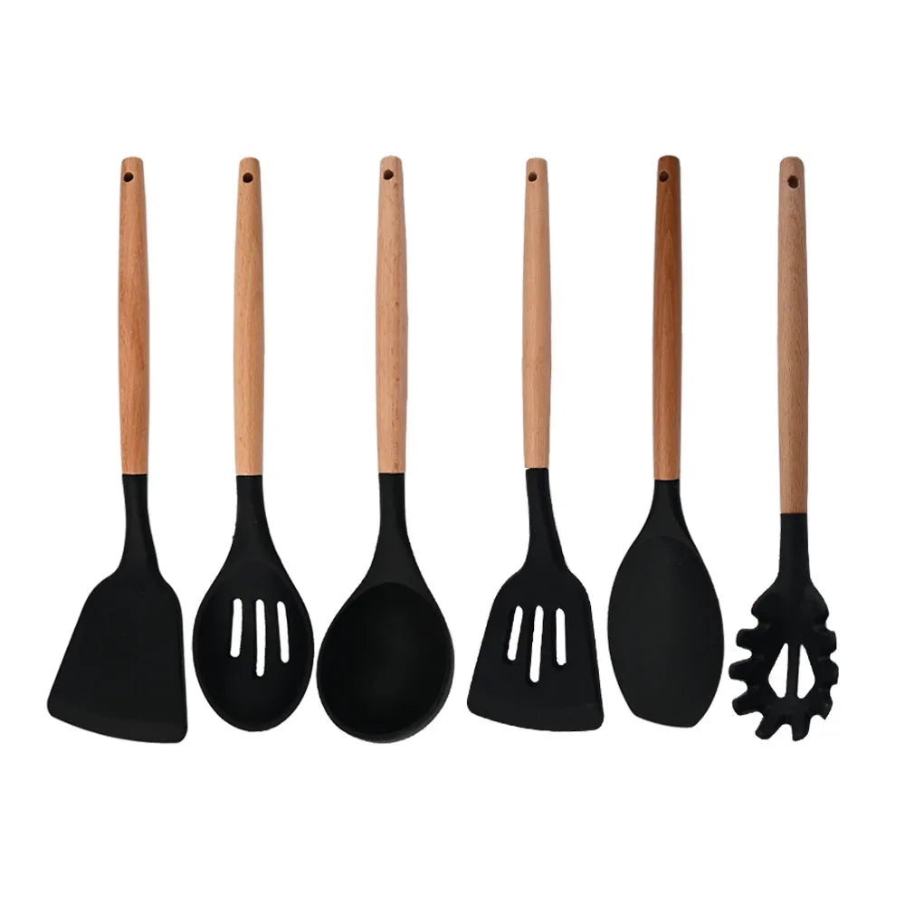 Silicone Kitchenware Cooking Utensils Set Non-stick Cookware Spatula Shovel Egg Beaters Wooden Handle Kitchen Cooking Tool Set