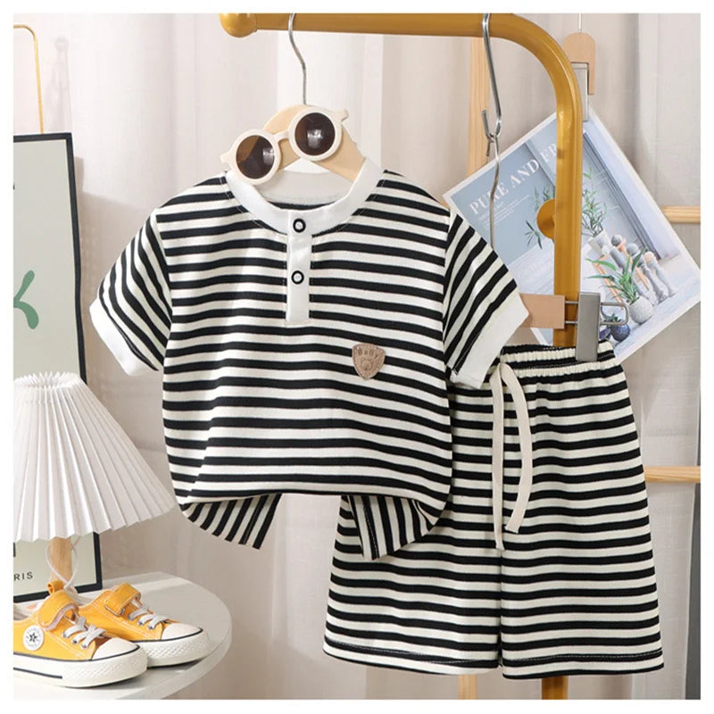 Boys Girls Stripes Clothing Sets Summer Kids Short Sleeve Tops+Shorts 2Pcs Suits Fashion Casual Outfits Children Clothes 1-10 Y