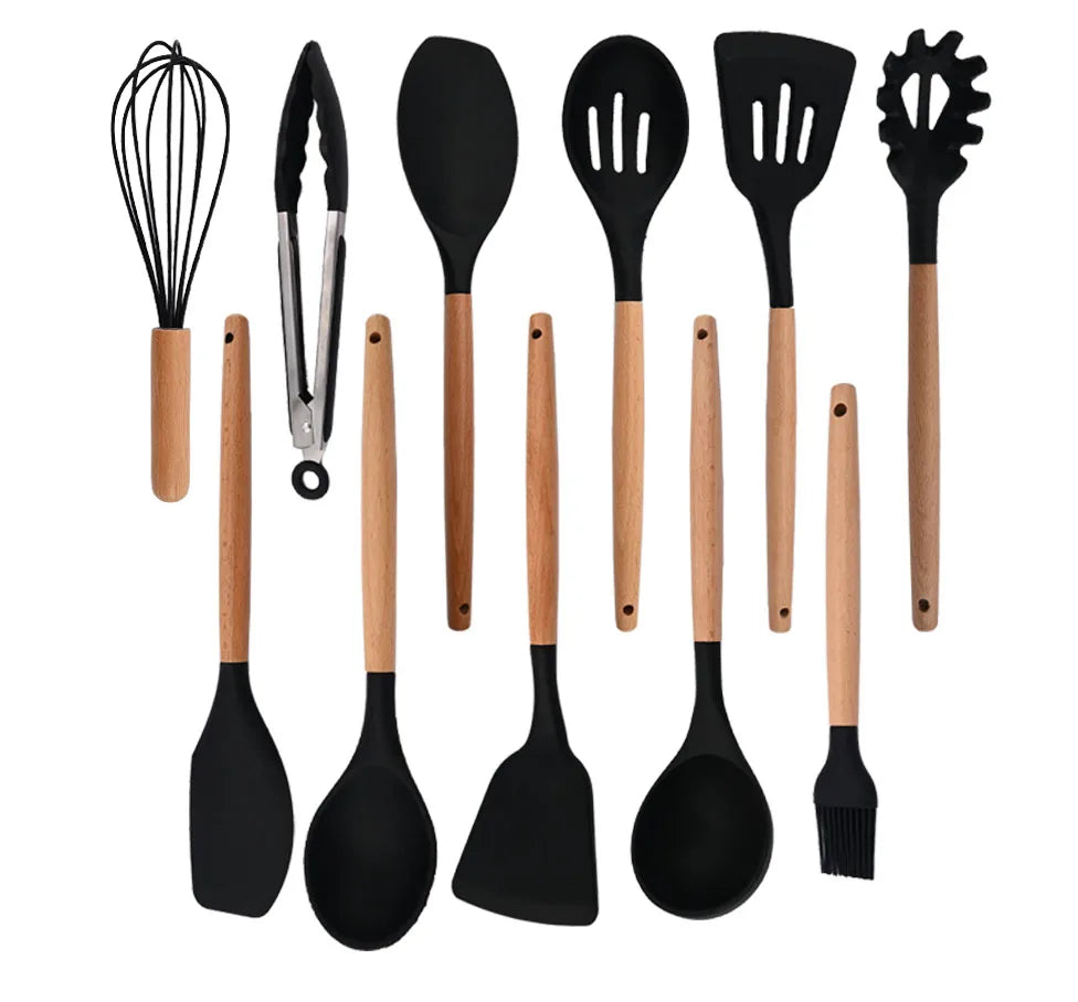 Silicone Kitchenware Cooking Utensils Set Non-stick Cookware Spatula Shovel Egg Beaters Wooden Handle Kitchen Cooking Tool Set