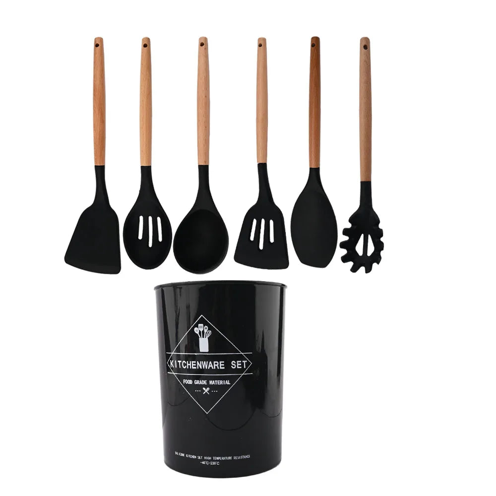 Silicone Kitchenware Cooking Utensils Set Non-stick Cookware Spatula Shovel Egg Beaters Wooden Handle Kitchen Cooking Tool Set