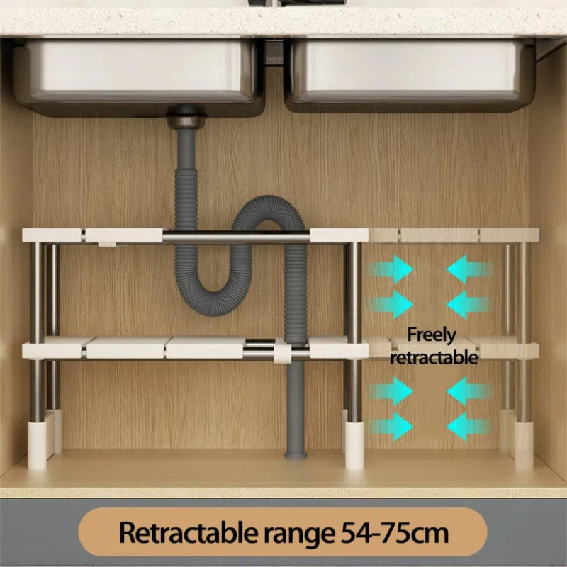 Kitchen Rack Retractable Under Sink Shelf Cabinet 2 Layer Multipurpose Pot Rack Cabinet Layered Storage Rack Bathroom Organizer
