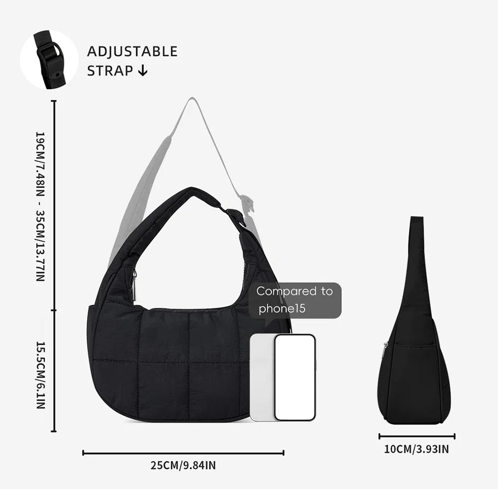 Puffer Crescent Bag for Women Quilted Shoulder Bag Nylon Adjustable Strap Shoulder Purse with Zipper for Work Travel