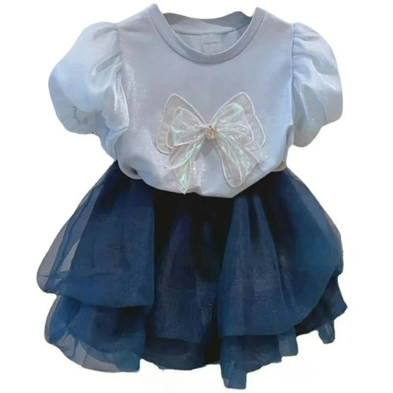 Children's Clothing Sets Summer Girls' Bubble Sleeve T-shirt Bow Top+ Baby Mesh Half Skirt Two Piece Set For Kids