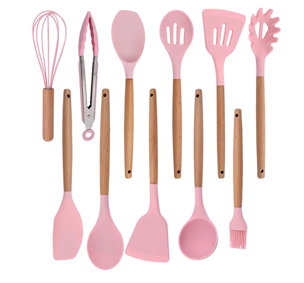 Silicone Kitchenware Cooking Utensils Set Non-stick Cookware Spatula Shovel Egg Beaters Wooden Handle Kitchen Cooking Tool Set