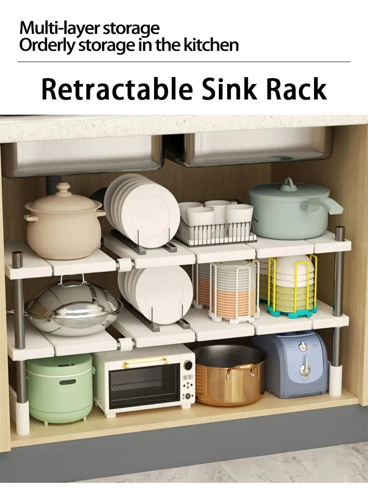 Kitchen Rack Retractable Under Sink Shelf Cabinet 2 Layer Multipurpose Pot Rack Cabinet Layered Storage Rack Bathroom Organizer