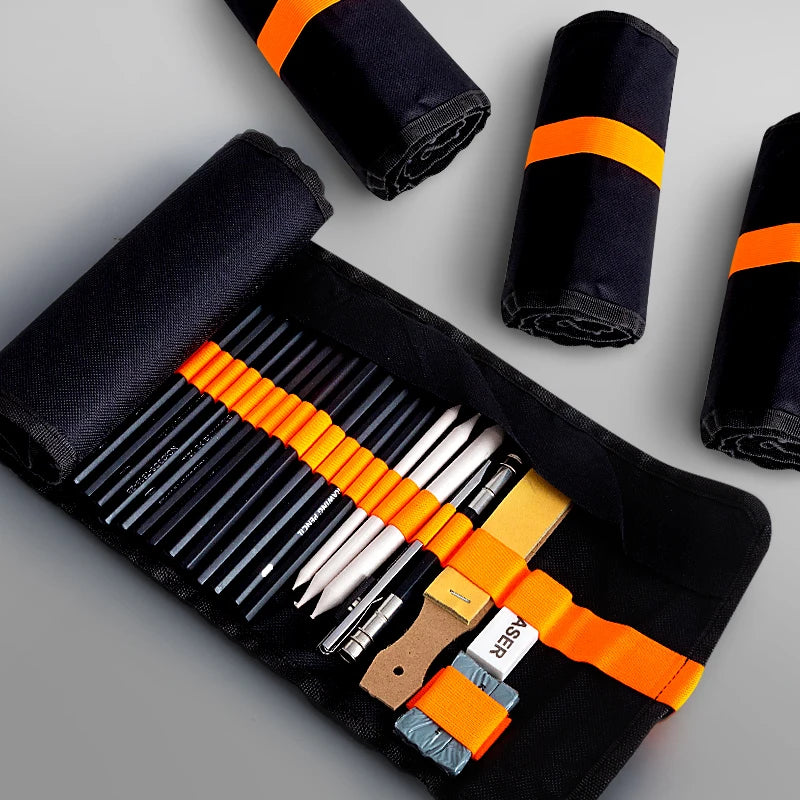 48Pcs Drawing Kit Sketching Pencils Set,Portable Pen Curtain-Charcoal Pencils, Sketch Pencils, Charcoal Stick,Sharpener,Eraser
