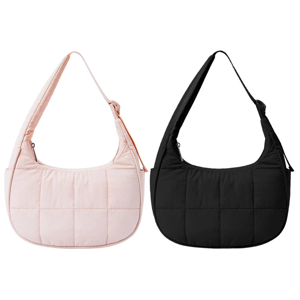 Puffer Crescent Bag for Women Quilted Shoulder Bag Nylon Adjustable Strap Shoulder Purse with Zipper for Work Travel