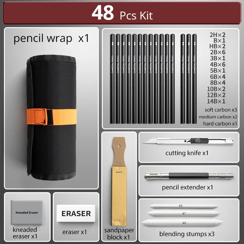 48Pcs Drawing Kit Sketching Pencils Set,Portable Pen Curtain-Charcoal Pencils, Sketch Pencils, Charcoal Stick,Sharpener,Eraser