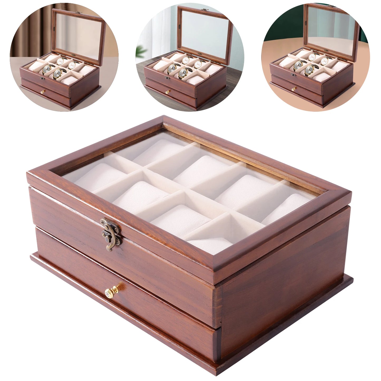 2-Layer Wooden Watch Box, 8-Slot Solid Wood Watch Box, Vintage Brown Storage Display Case for Watch, Sunglasses, Rings, Bracelet