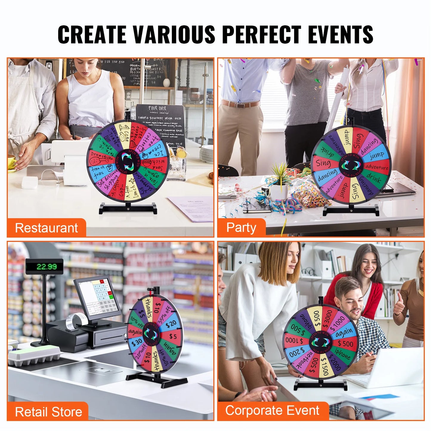 SucceBuy 18/24/36 inch Spinning Prize Wheel 14 Slots Spinning Wheel Tabletop Floor Standing Win Fortune Spin Games in Party Pub