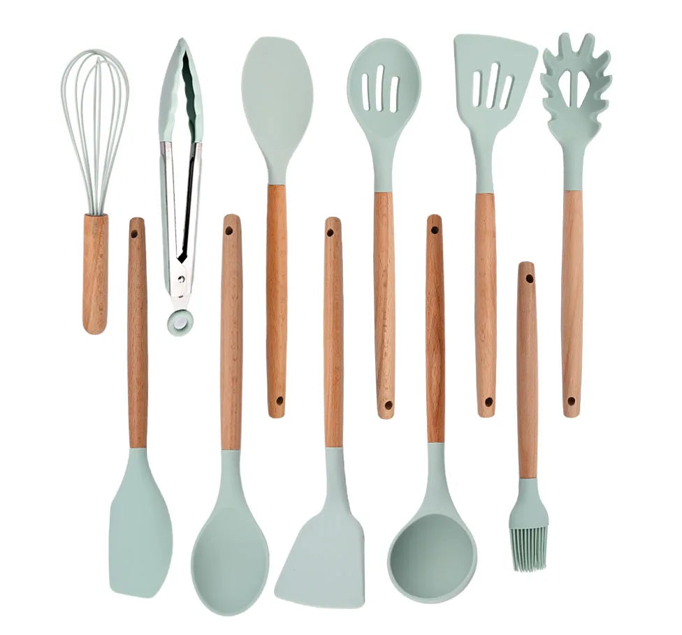 Silicone Kitchenware Cooking Utensils Set Non-stick Cookware Spatula Shovel Egg Beaters Wooden Handle Kitchen Cooking Tool Set