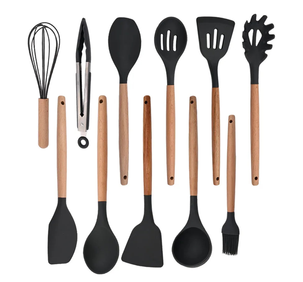 Silicone Kitchenware Cooking Utensils Set Non-stick Cookware Spatula Shovel Egg Beaters Wooden Handle Kitchen Cooking Tool Set