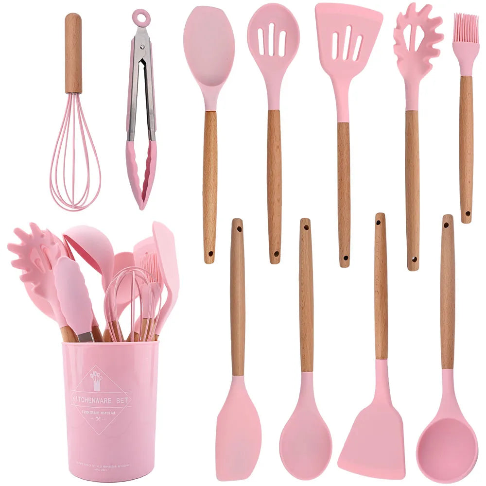 Silicone Kitchenware Cooking Utensils Set Non-stick Cookware Spatula Shovel Egg Beaters Wooden Handle Kitchen Cooking Tool Set