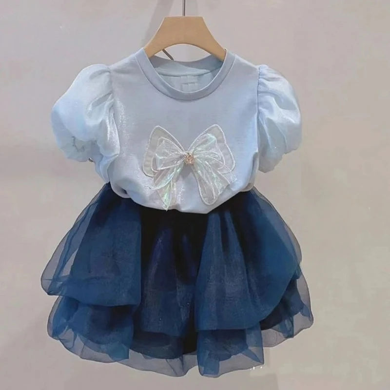 Children's Clothing Sets Summer Girls' Bubble Sleeve T-shirt Bow Top+ Baby Mesh Half Skirt Two Piece Set For Kids